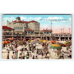 Vintage Linen Postcard Ocean City NJ Flanders Beach 1940 Beach Scene